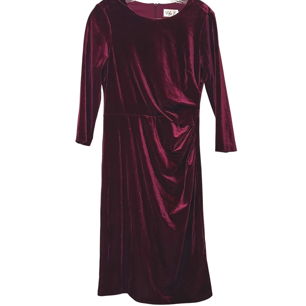 Eliza J Womens Burgundy Velvet Side Drape 3/4 Sleeve Sheath Dress Size 8 Holiday